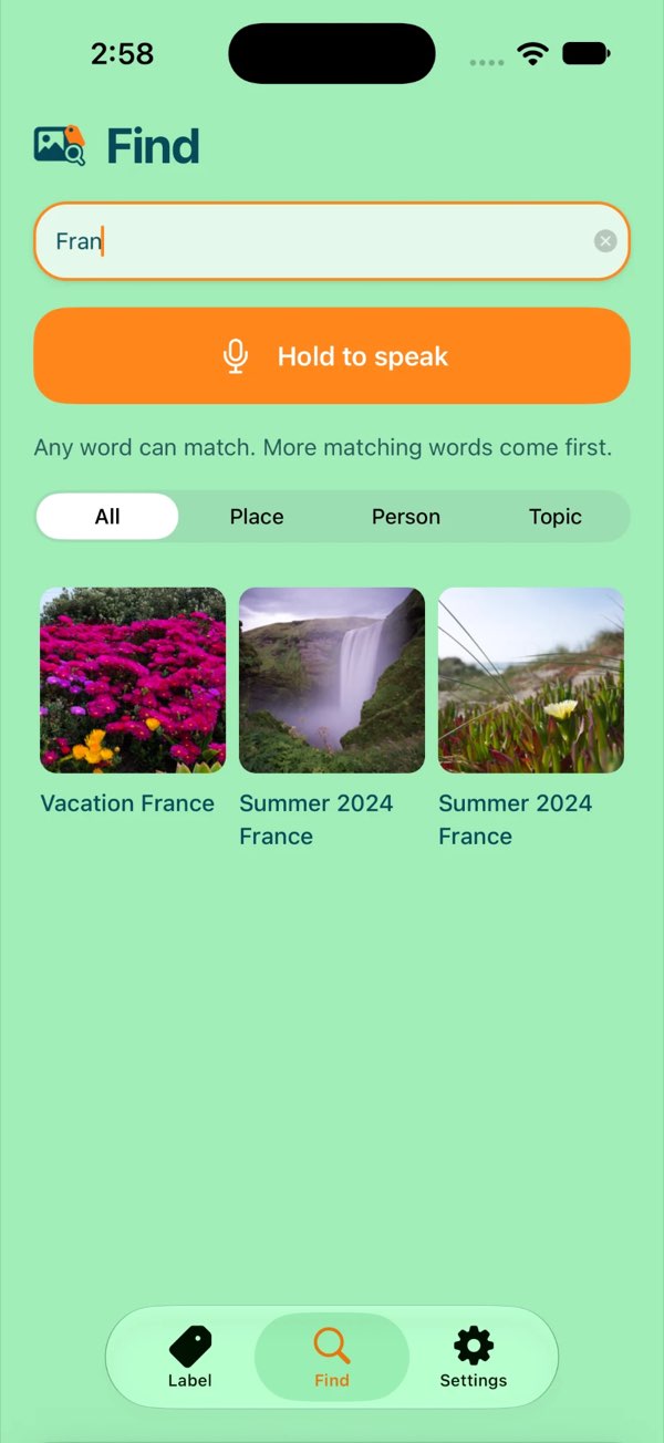 wofoto Find screen: searching for “Fran” shows three photos labelled France