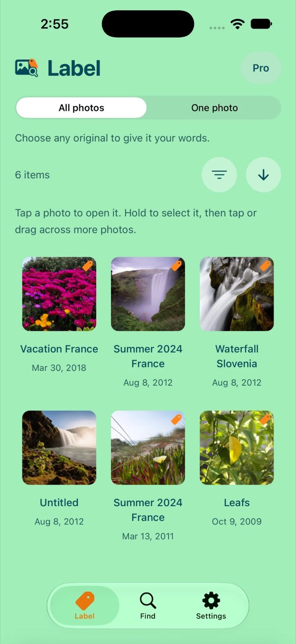 wofoto Label screen: a grid of photos with titles such as Vacation France and Waterfall Slovenia